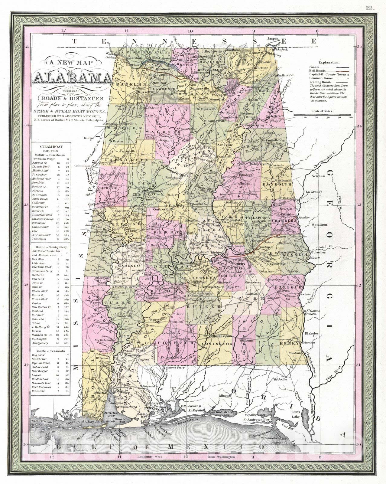 Historic Map - World Atlas - 1849 New Map of Alabama with its Roads & Distances - Vintage Wall Art
