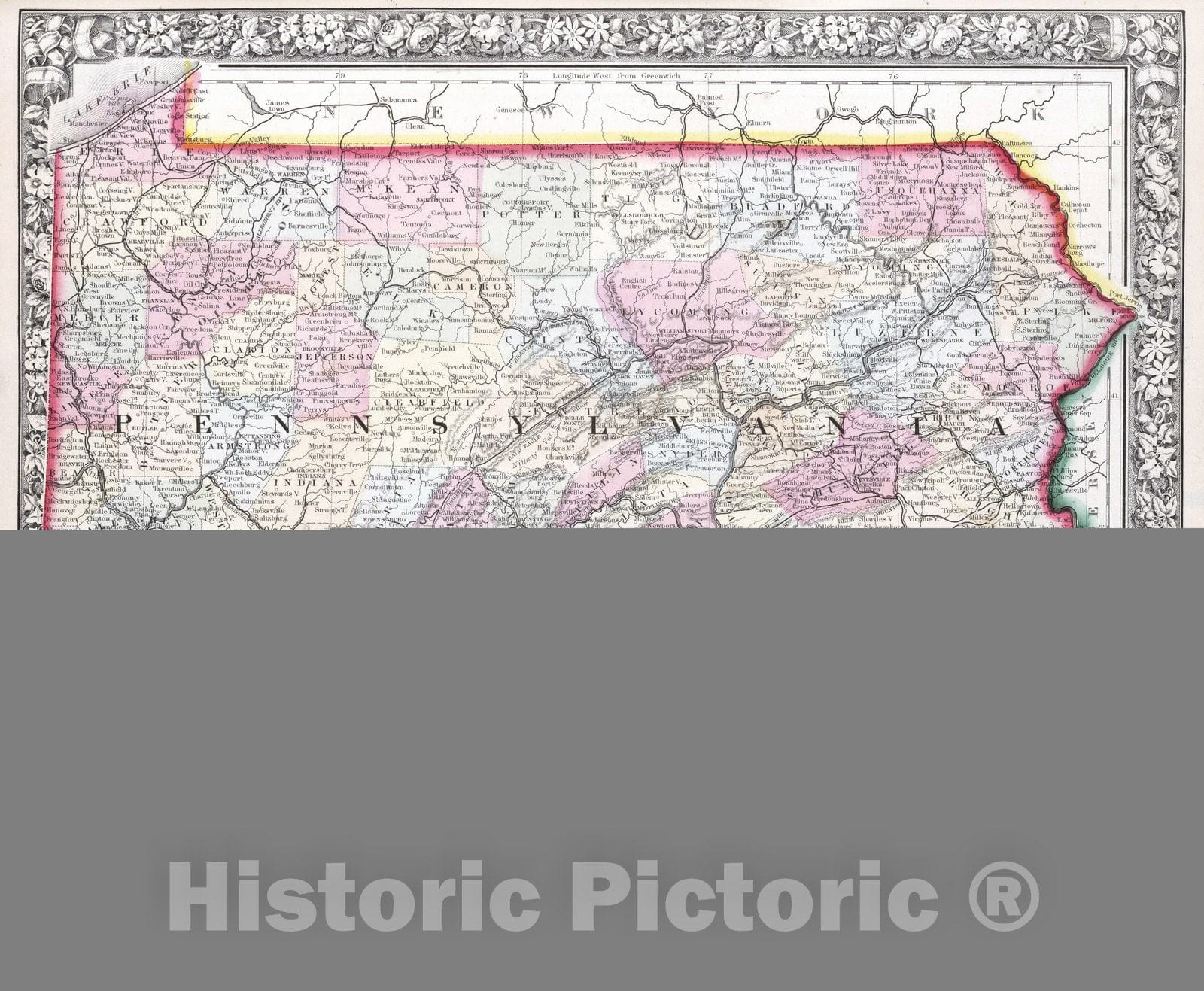 Historic Map : 1865 County map of the State of Pennsylvania - Vintage Wall Art