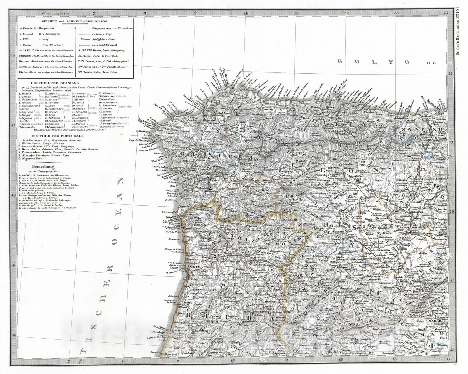 Historic Map : Spain; Portugal, Iberian Peninsula 1865 Spanien und Portugal in IV Blattern. (Spain and Portugal). v2 , Vintage Wall Art