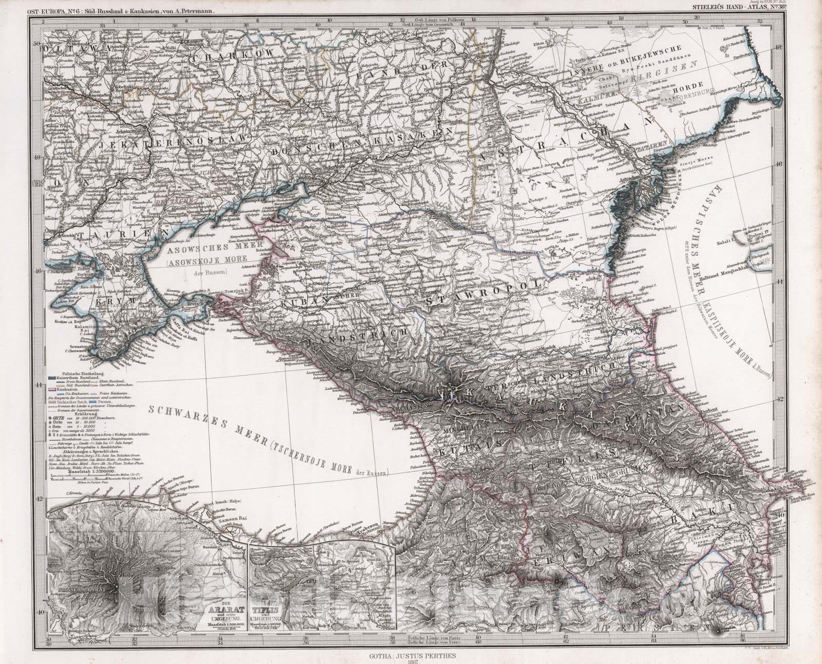 Historic Map : Russian Federation; Georgia; Azerbaijan; Armenia, 1867 Ost-Europa. Sud-Russland & Kaukasien. (South Russia and Caucasus). v1 , Vintage Wall Art