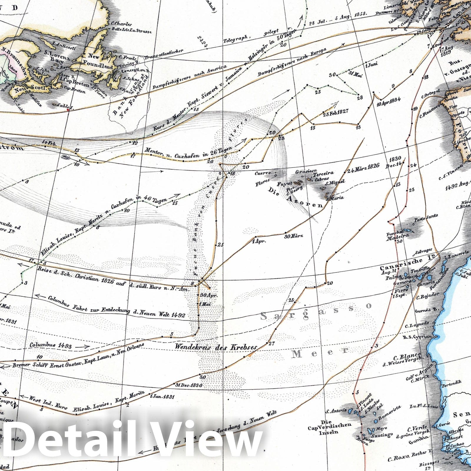 Atlantic Ocean - Route Map, 1866 - Stieler's Hand Atlas Nautical Print