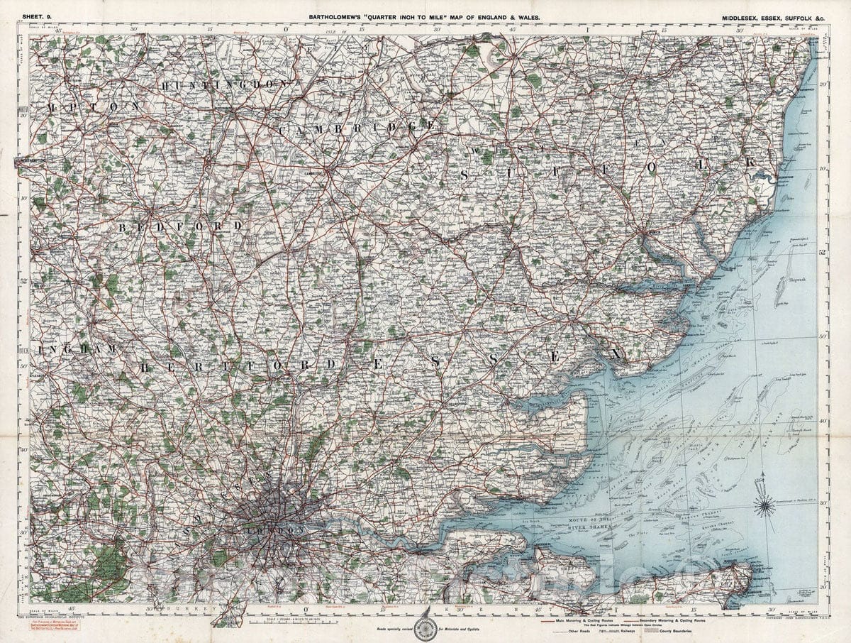 Historic Map : National Atlas - 1919 Sheet 9. Middlesex, Essex, Suffolk, c. - Vintage Wall Art