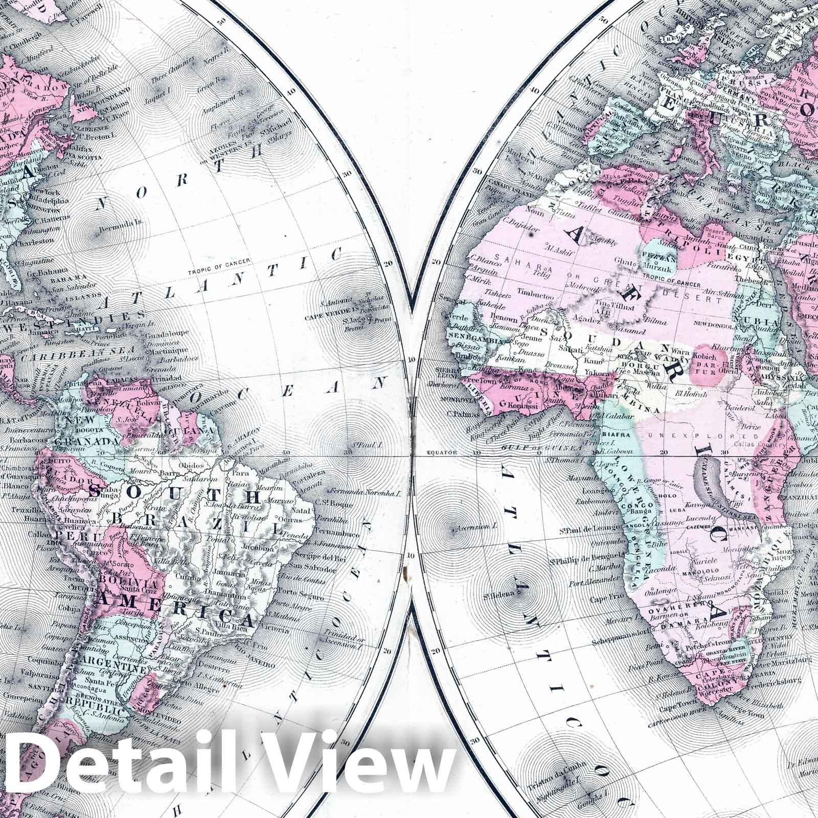 Western and Eastern Hemispheres - Physical Map, 1864 - Historical Map Print
