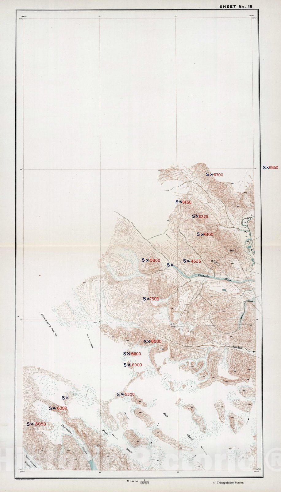 Chilkat River, Muir Glacier, Alaska 1904 Topographic Map Print