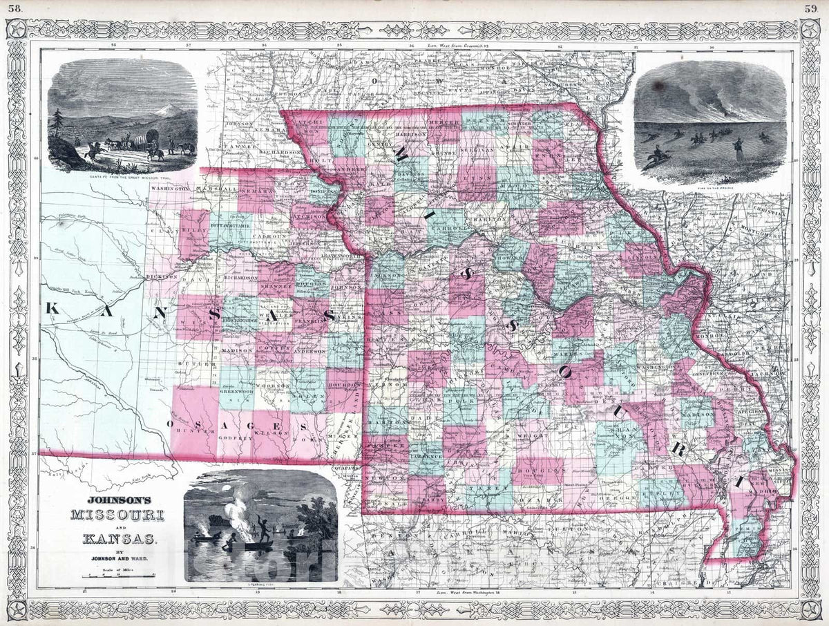 Historic Map : 1865 Missouri And Kansas. - Vintage Wall Art
