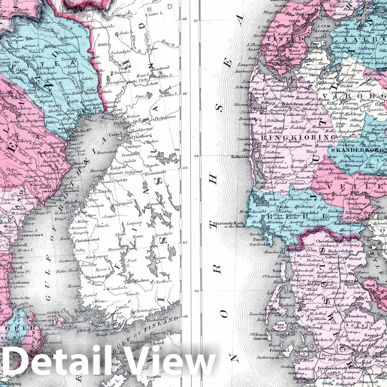 Sweden, Norway, and Denmark - Physical Map, 1865 - Historical Map Print