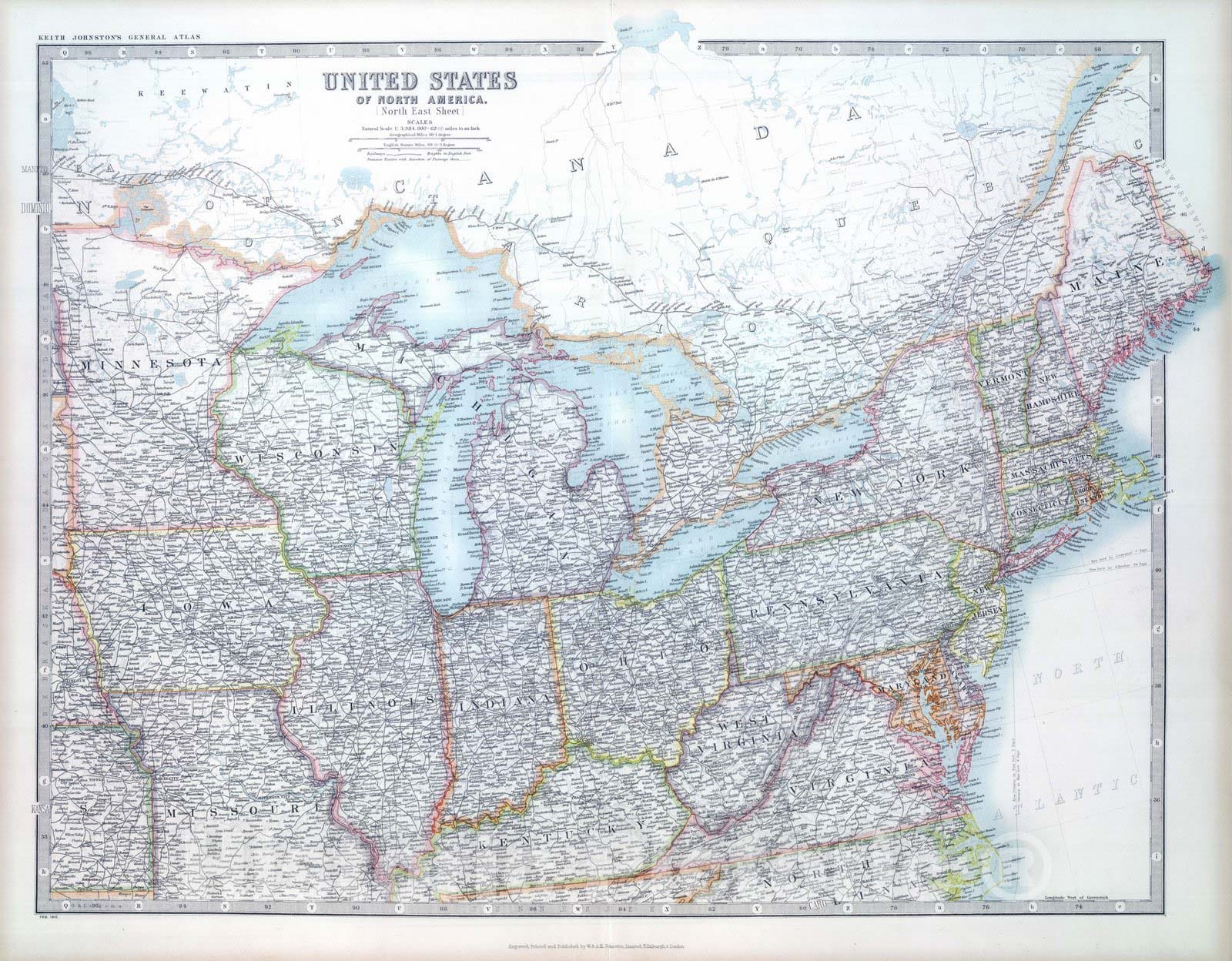 United States - North East, 1912 - Historical Map Print