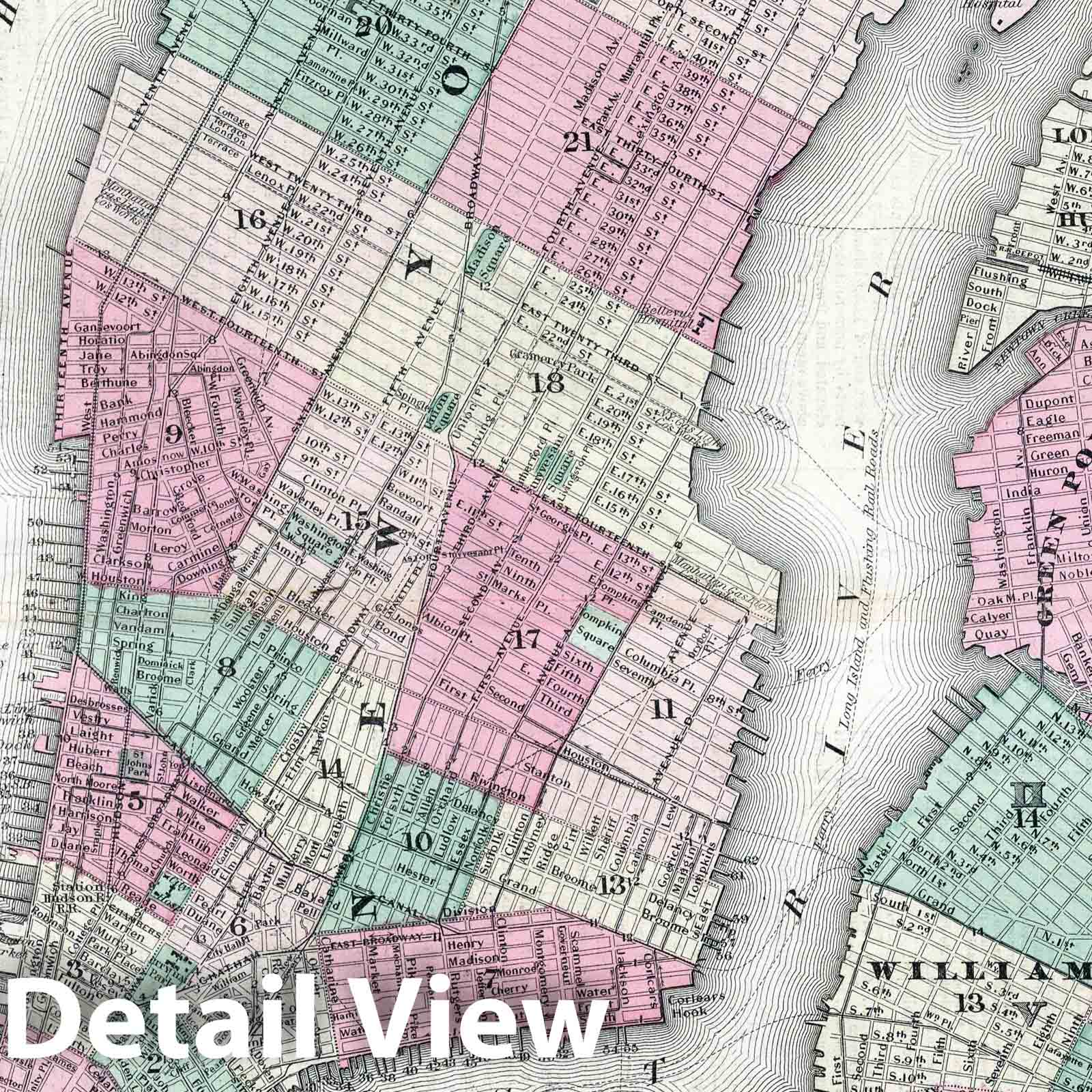 New York City, Brooklyn, Jersey City, Hoboken 1869 - Historical Map Print