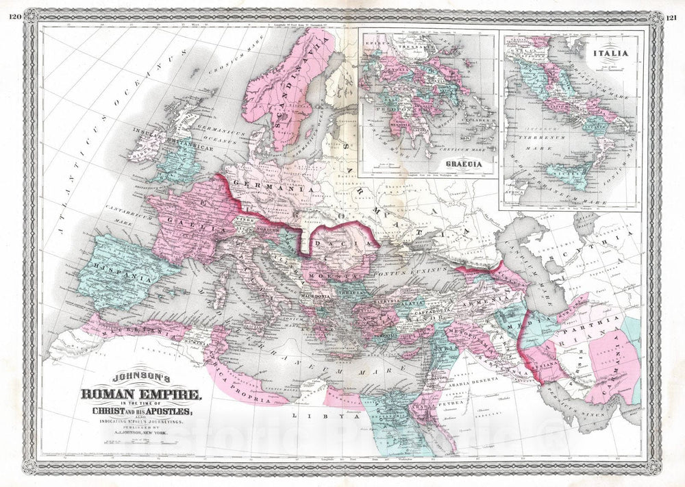 Historic Map : Europe 1870 Roman Empire. , Vintage Wall Art