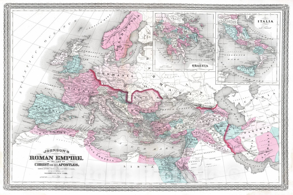 Historic Map : Europe 1870 Roman Empire. , Vintage Wall Art