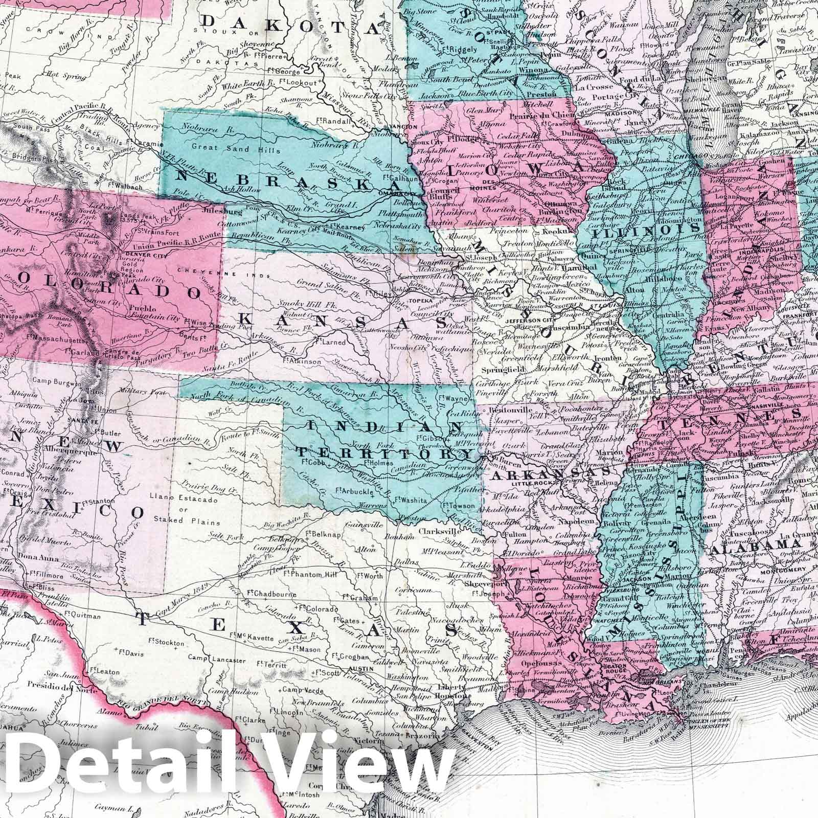 United States - Physical Map, 1864 - Johnson's Family Atlas Historical Map Print
