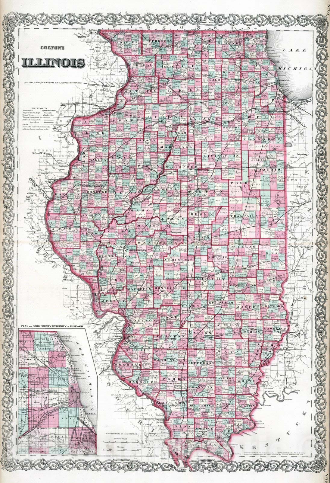 Historic Wall Map : 1869 Illinois. - Vintage Wall Art