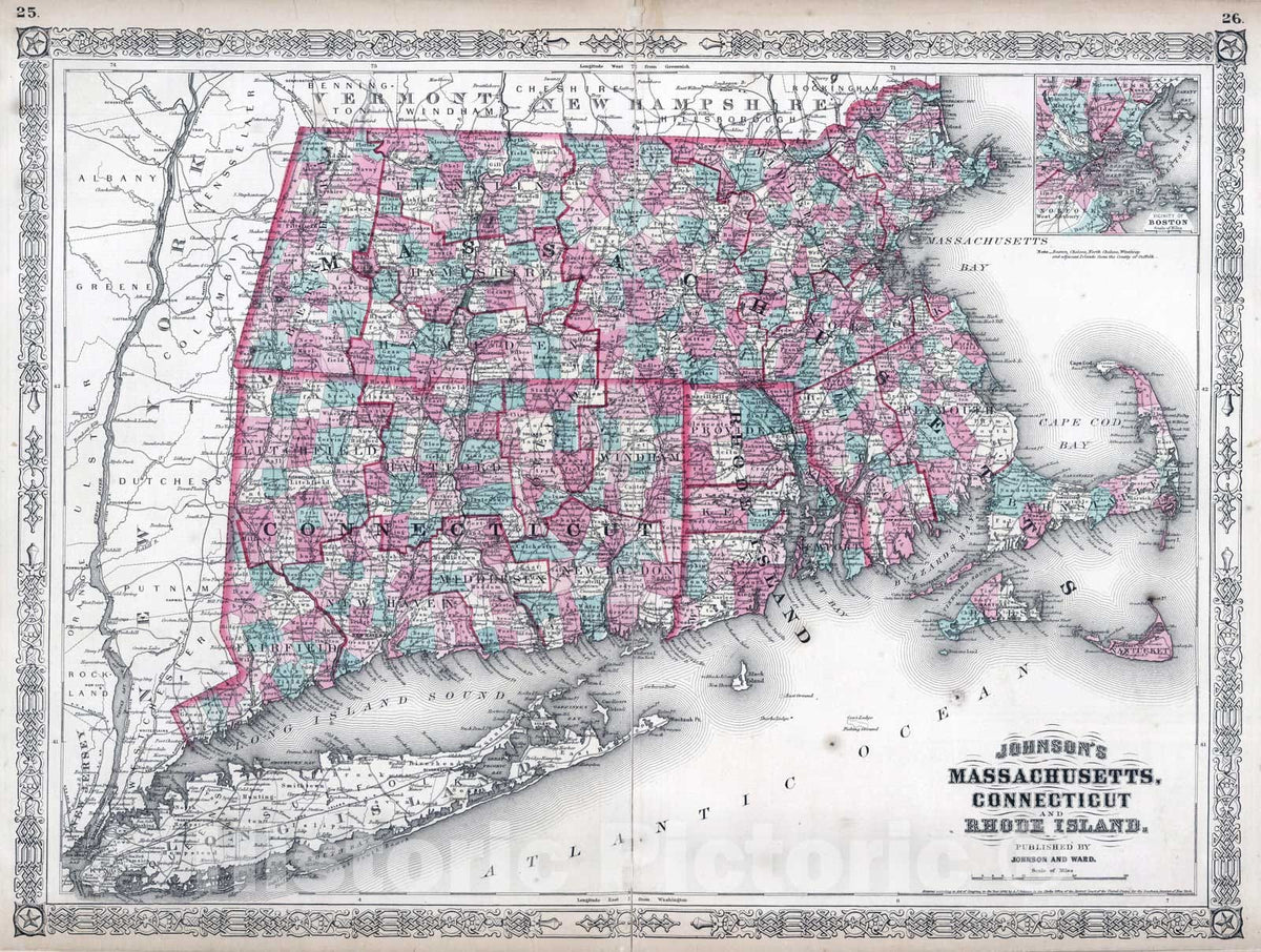 Historic Map : 1864 Massachusetts, Connecticut, And Rhode Island. - Vintage Wall Art