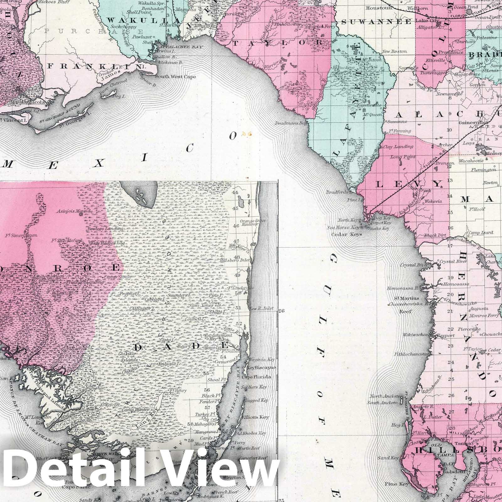 Florida with Florida Keys, 1869 - Colton's Atlas Historical Map Print