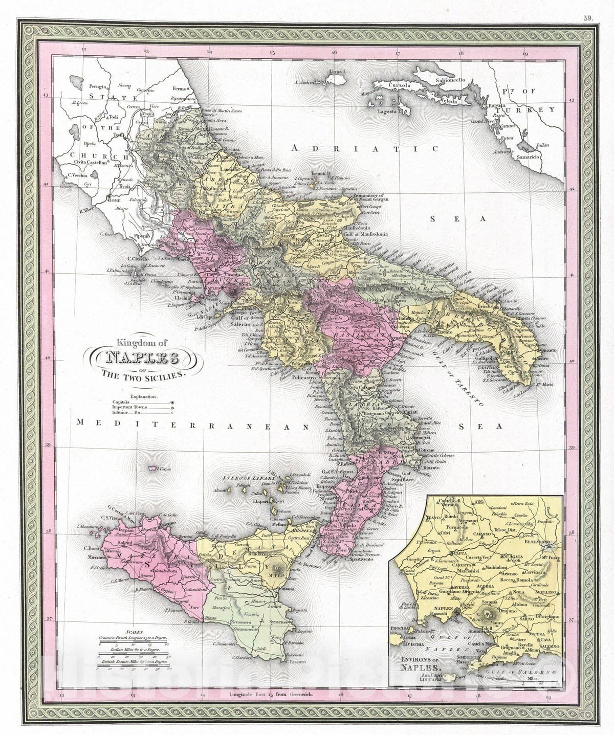 Historic Map : 1849 Kingdom of Naples or the Two Sicilies - Vintage Wall Art
