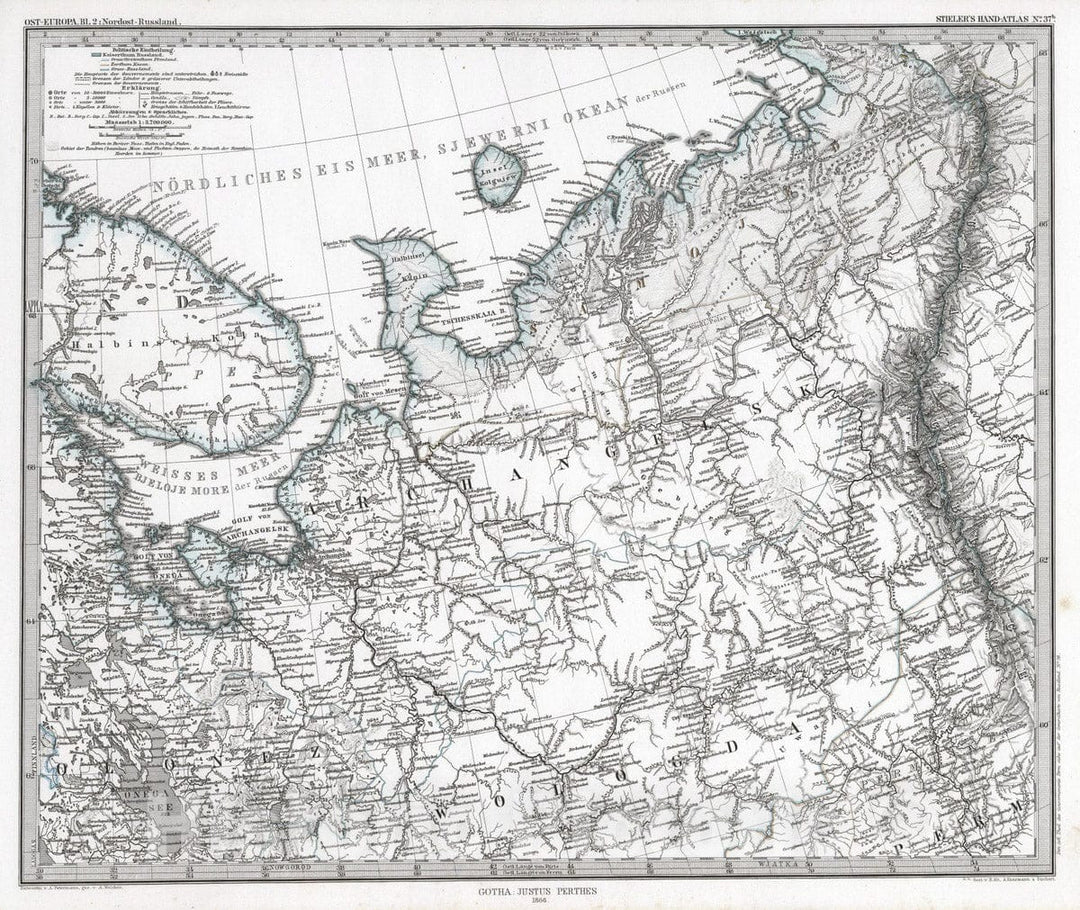 Historic Map : Russian Federation, 1866 Ost-Europe, Nordost-Russland. (Northeast Russia). , Vintage Wall Art