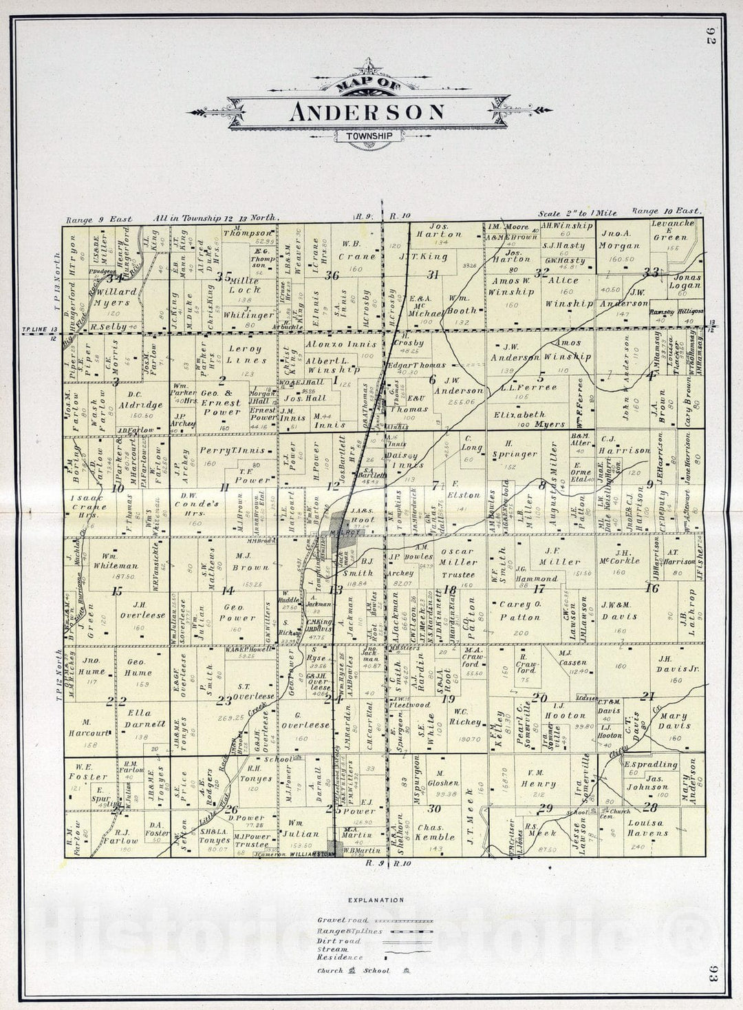 Historic Map : 1908 Anderson Township, Rush County, Indiana. - Vintage Wall Art