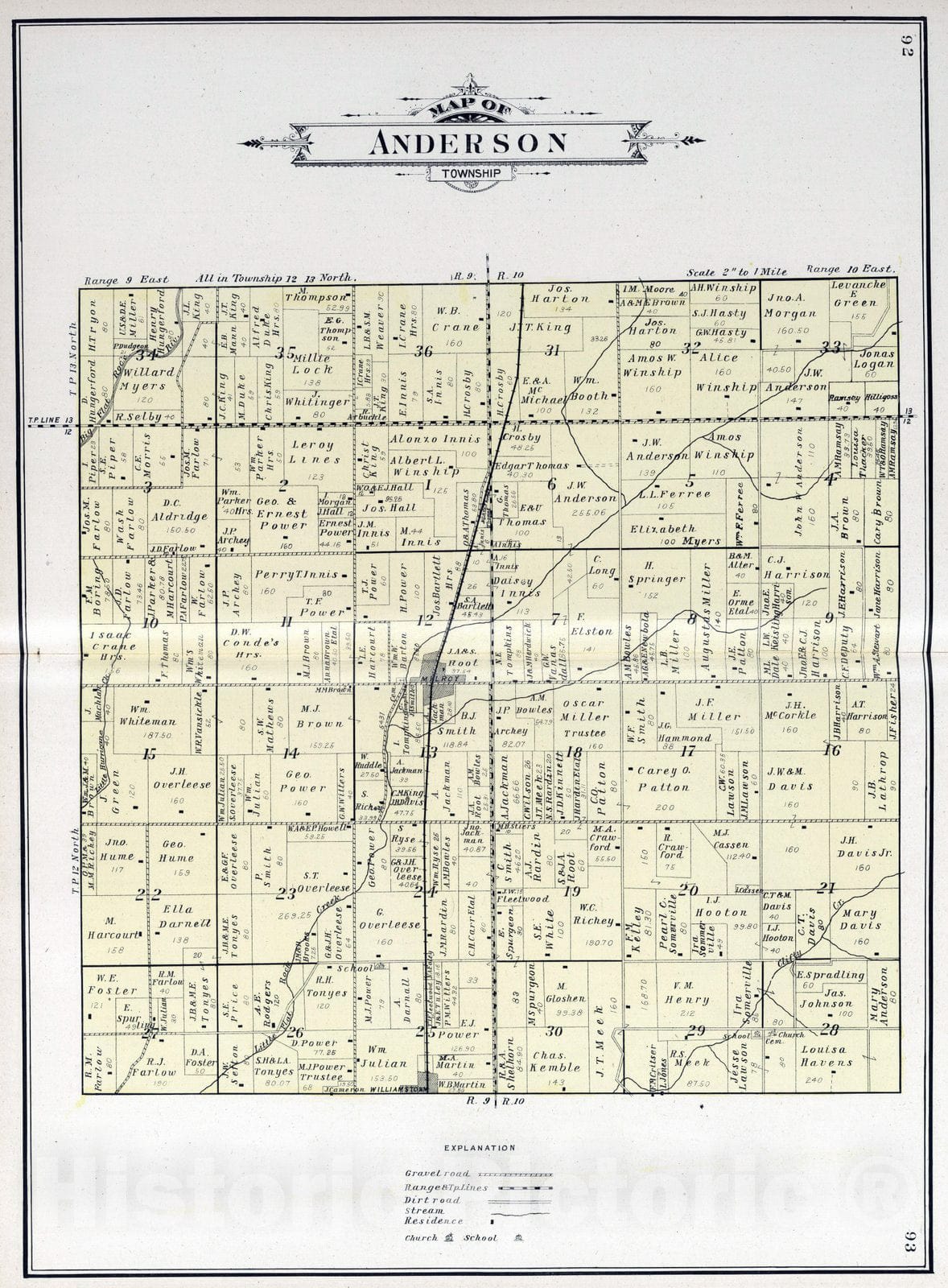 Historic Map : 1908 Anderson Township, Rush County, Indiana. - Vintage Wall Art