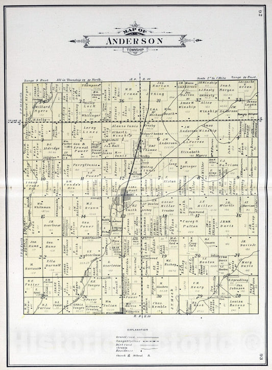 Historic Map : 1908 Anderson Township, Rush County, Indiana. - Vintage Wall Art