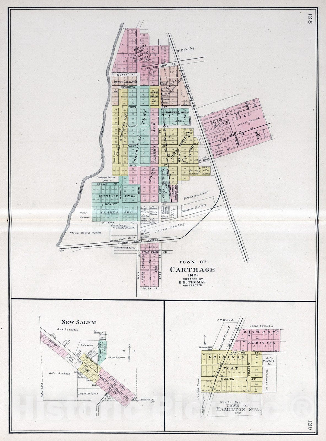 Historic Map : 1908 Carthage, New Salem, and Hamilton Station, Rush County, Indiana. - Vintage Wall Art