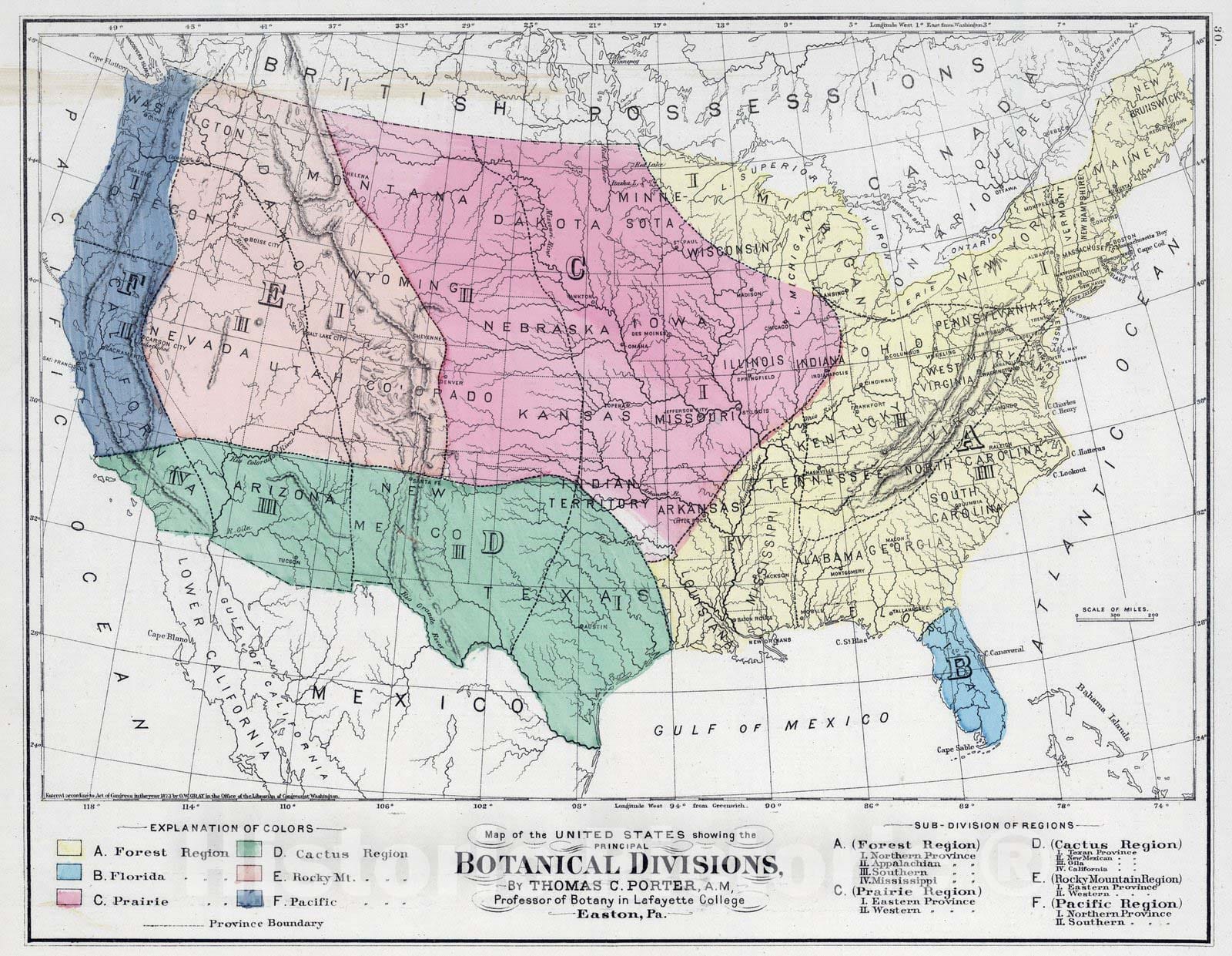Historic Map : 1874 Botanical Divisions of the United States. - Vintage Wall Art
