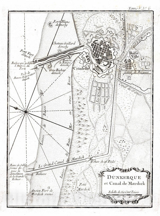 Historic Map : France , Dunkirk France, 1764 Dunkerque et Canal de Mardick. , Vintage Wall Art