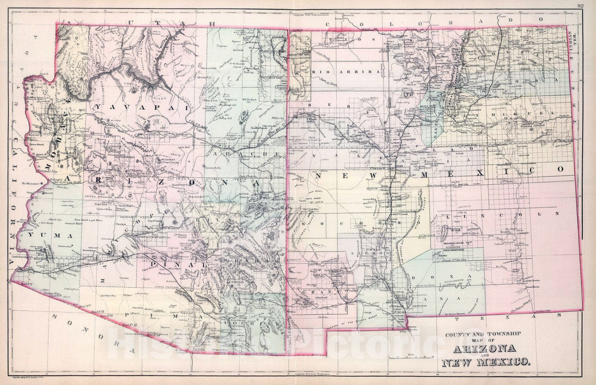 Historic Map : 1886 Arizona, New Mexico. - Vintage Wall Art