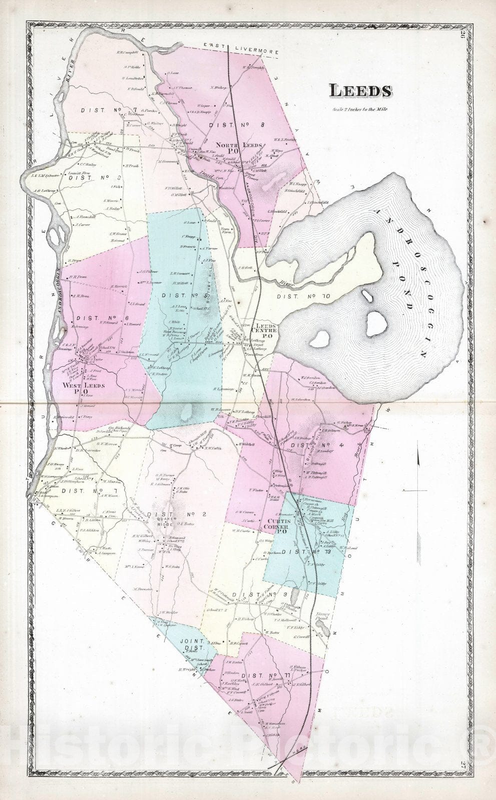 Historic Wall Map : 1873 Leeds, Androscoggin County, Maine. - Vintage Wall Art
