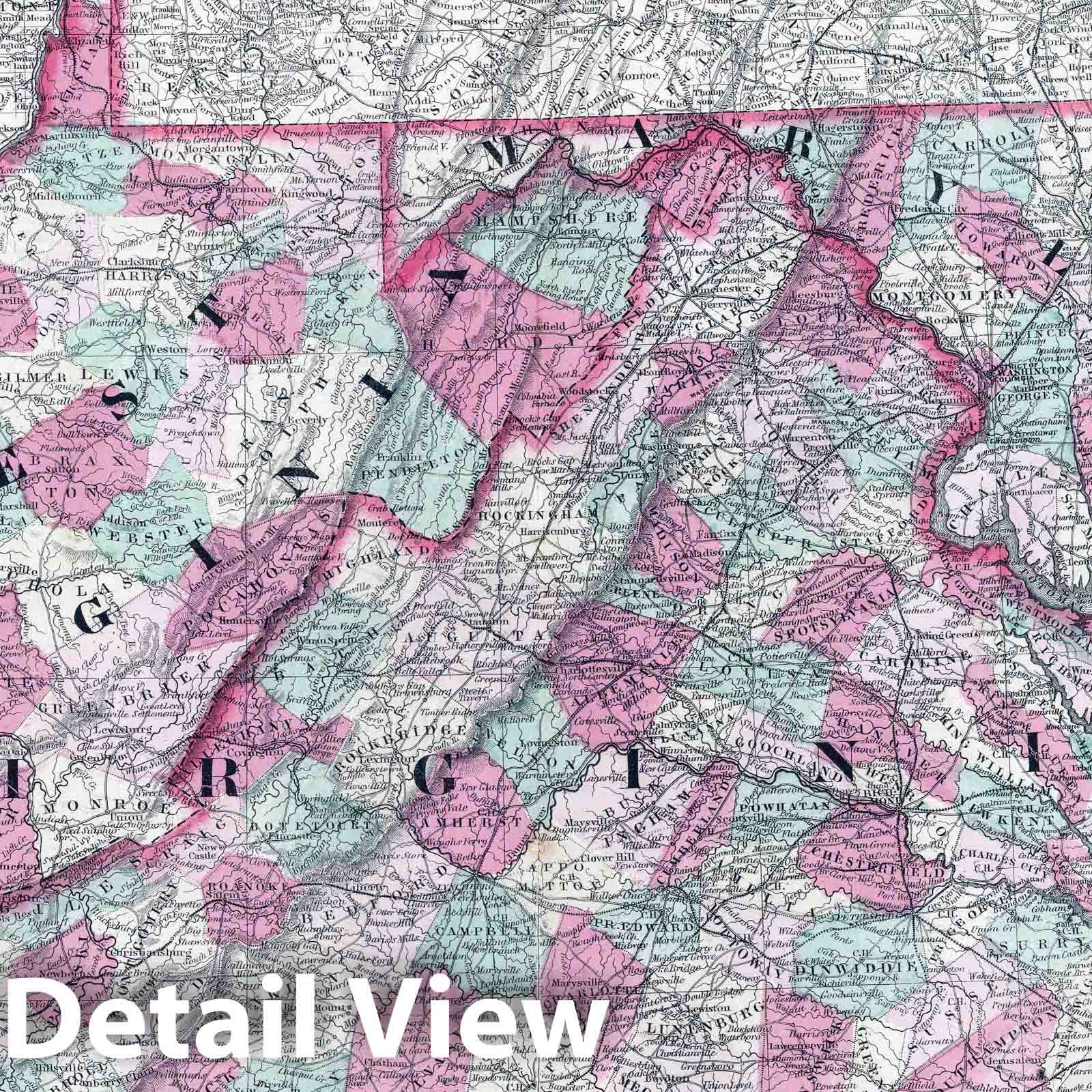 Virginia, Delaware, and Maryland - Physical Map, 1864 - Johnson's Family Atlas