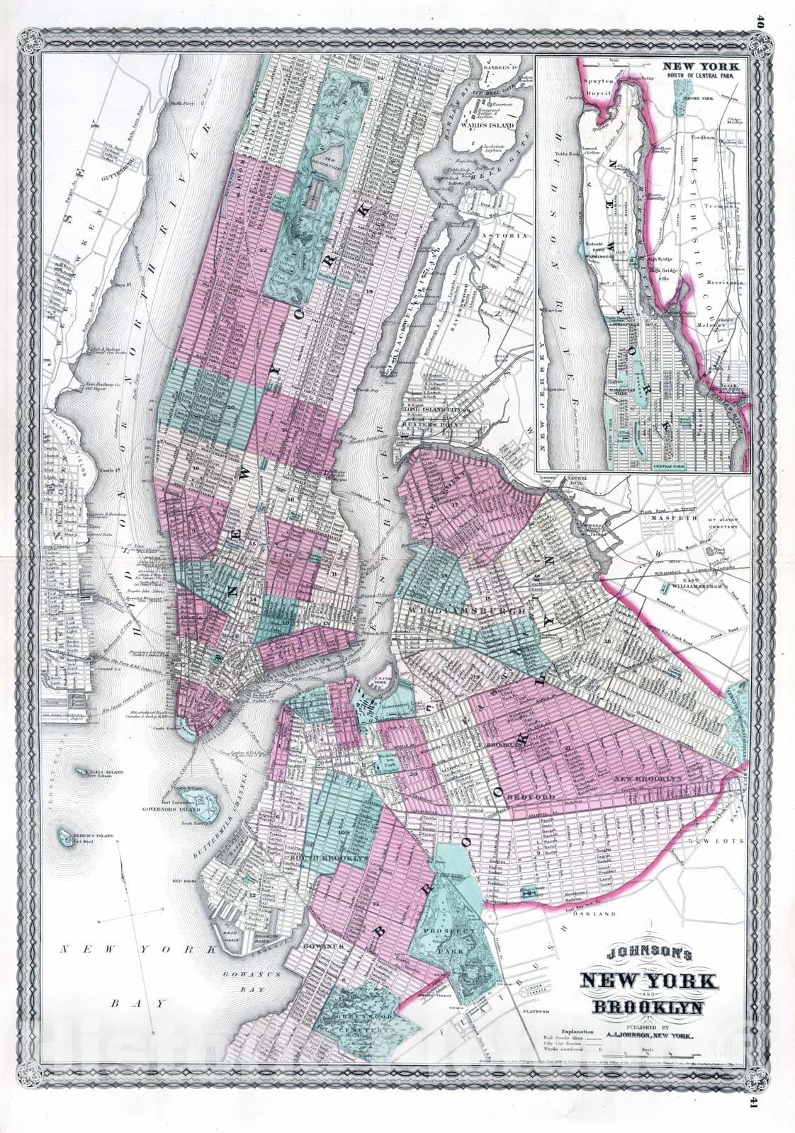 Historic Map : 1870 New York and Brooklyn. - Vintage Wall Art