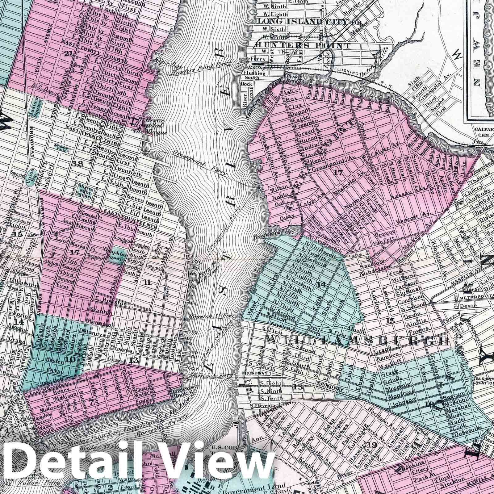 New York and Brooklyn - Physical Map, 1870 - Historical Map Reproduction