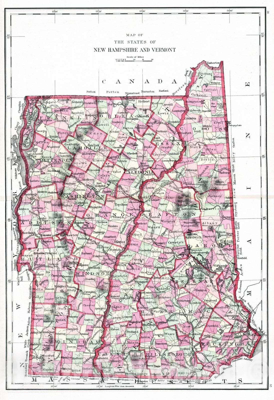 Historic Map : 1877 New Hampshire and Vermont. - Vintage Wall Art