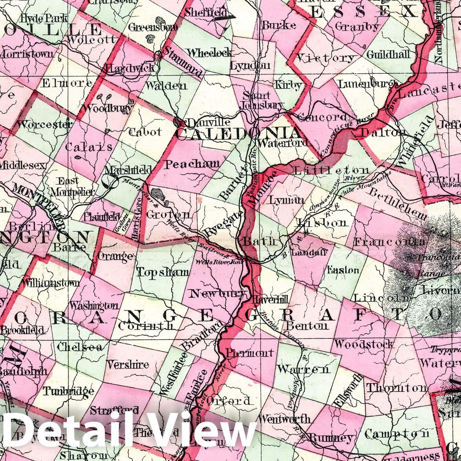 New Hampshire and Vermont - Railroad Map, 1877 - Historical Map Print