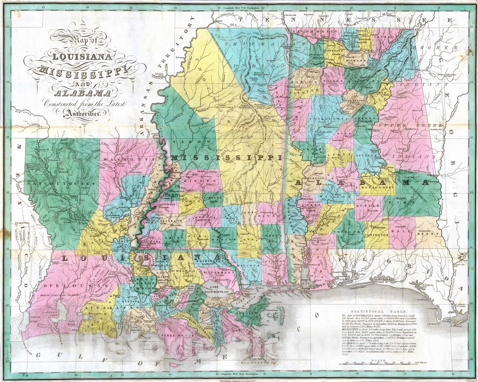 Historic Map : National Atlas - 1827 Louisiana, Mississippi, Alabama. - Vintage Wall Art
