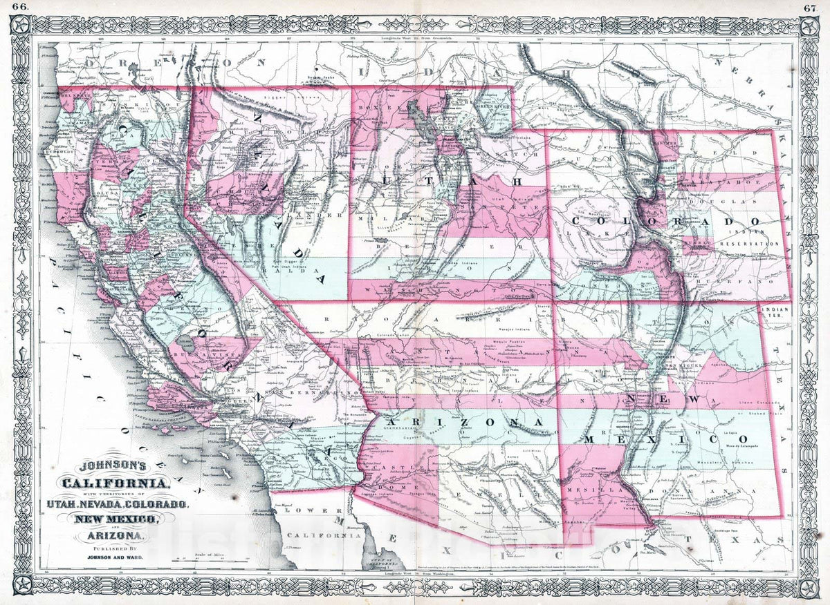 Historic Map : 1864 California, With Territories of Utah, Nevada, Colorado, New Mexico And Arizona - Vintage Wall Art