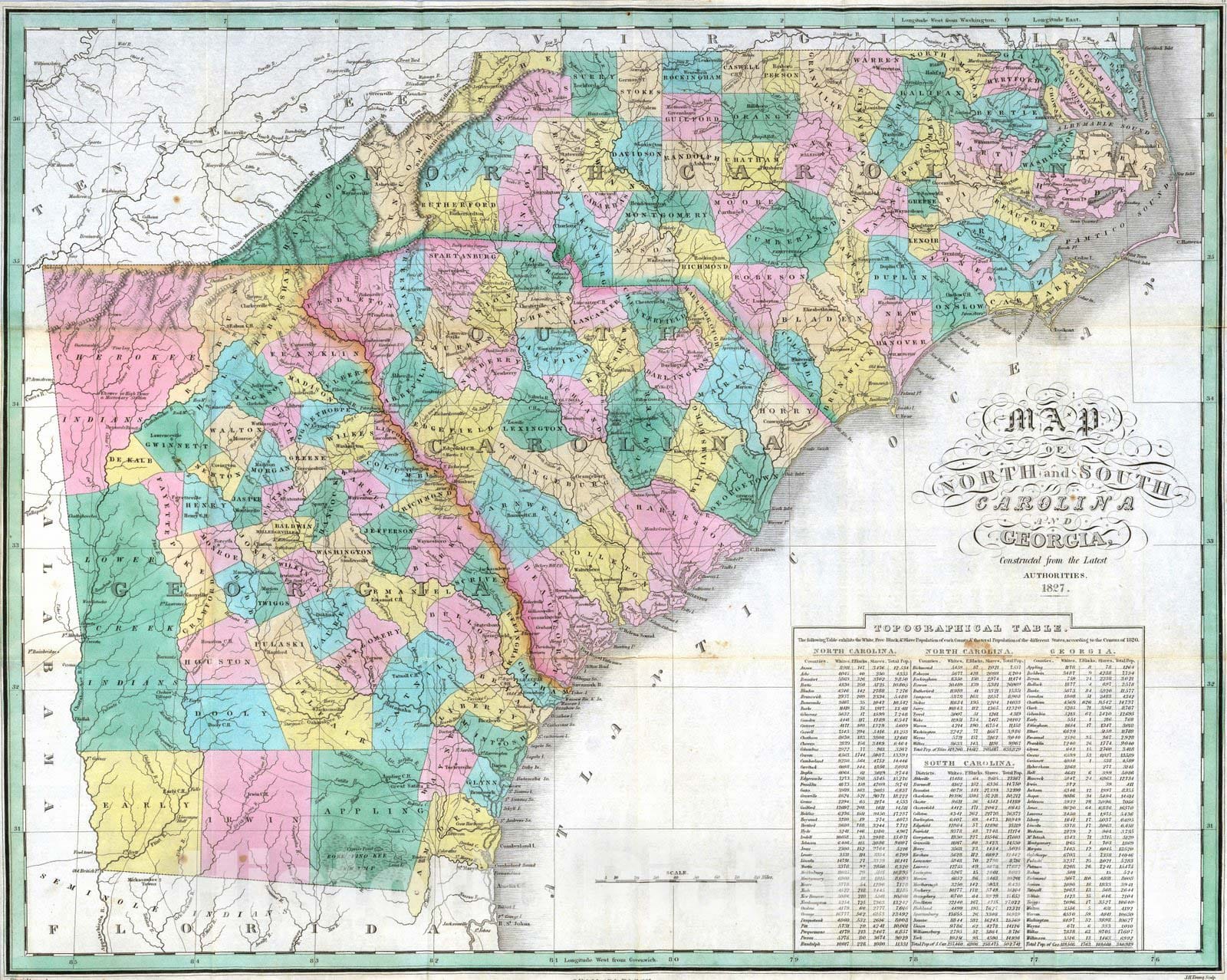 Historic Map : National Atlas - 1827 North Carolina, South Carolina, Georgia. - Vintage Wall Art
