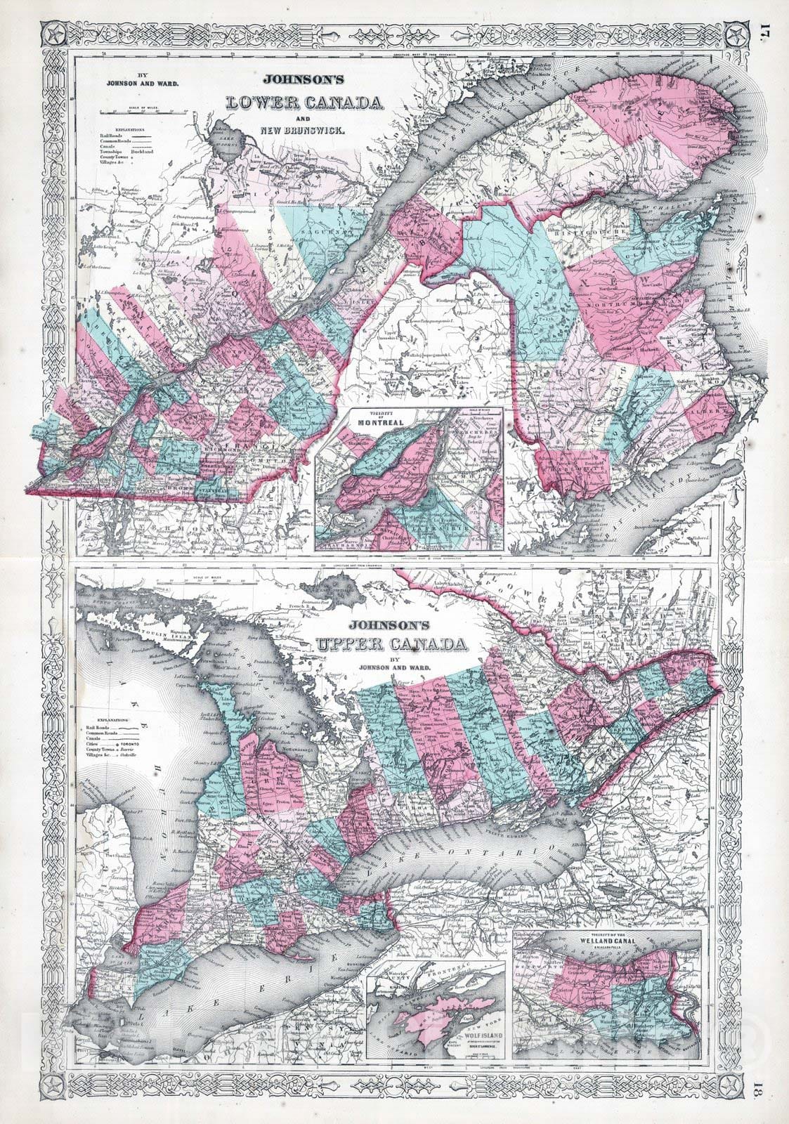 Historic Map : 1865 Lower Canada And New Brunswick, Upper Canada. - Vintage Wall Art