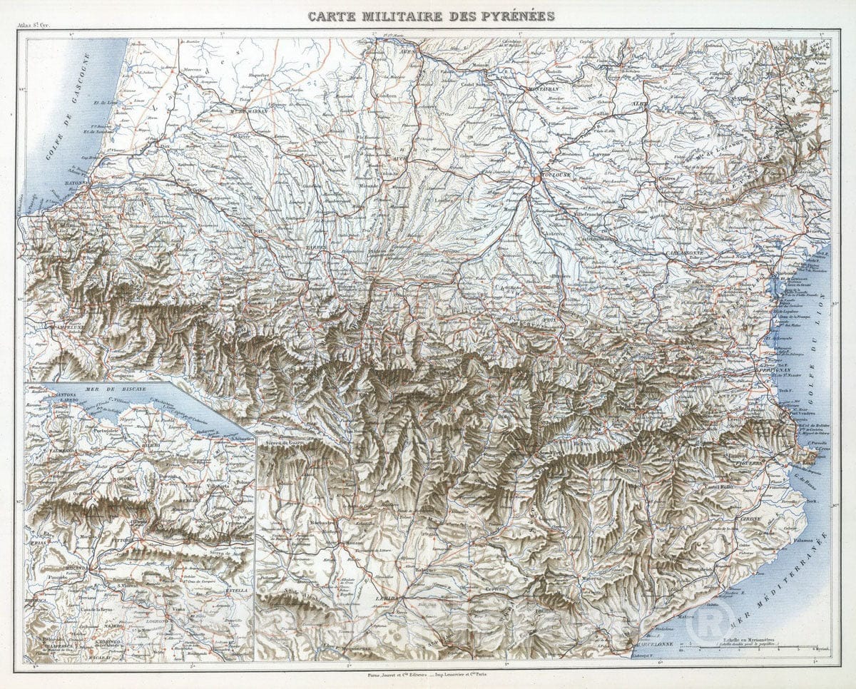 Historic Map : France; Spain, Pyrenees 1882 Carte Militaire des Pyrenees. , Vintage Wall Art