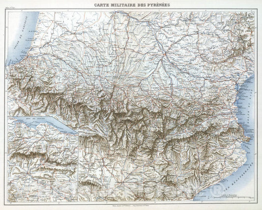 Historic Map : France; Spain, Pyrenees 1882 Carte Militaire des Pyrenees. , Vintage Wall Art