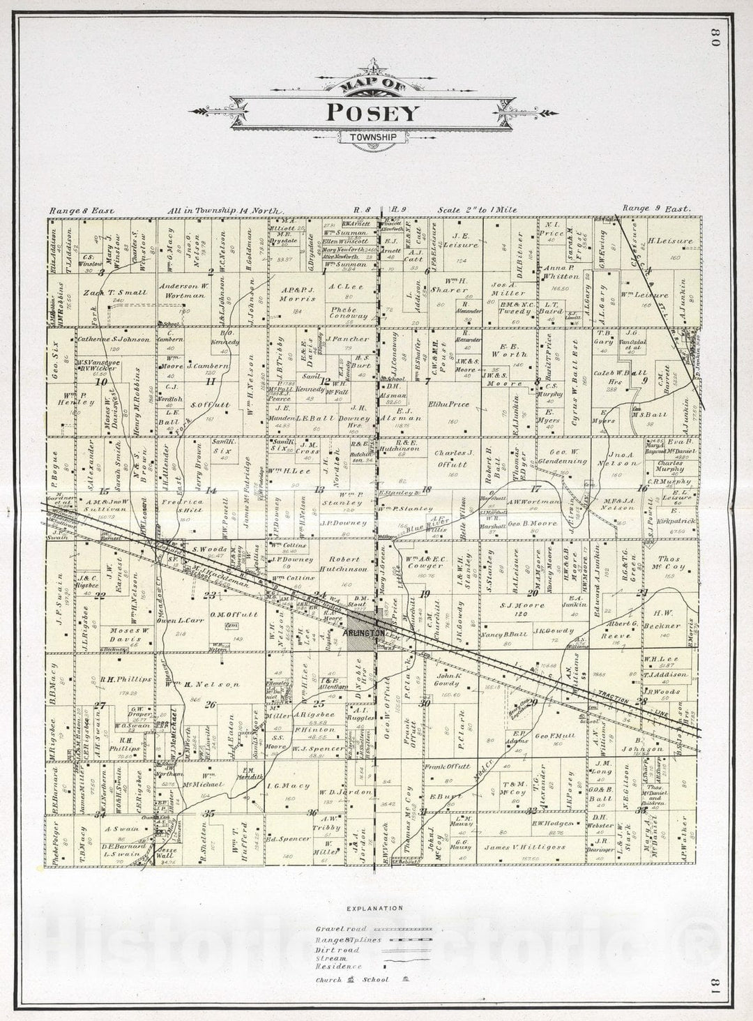 Historic Map : 1908 Posey Township, Rush County, Indiana. - Vintage Wall Art