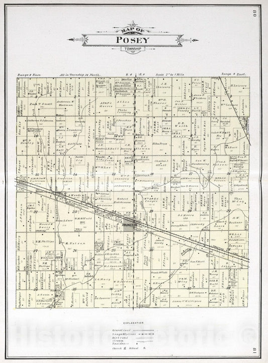 Historic Map : 1908 Posey Township, Rush County, Indiana. - Vintage Wall Art
