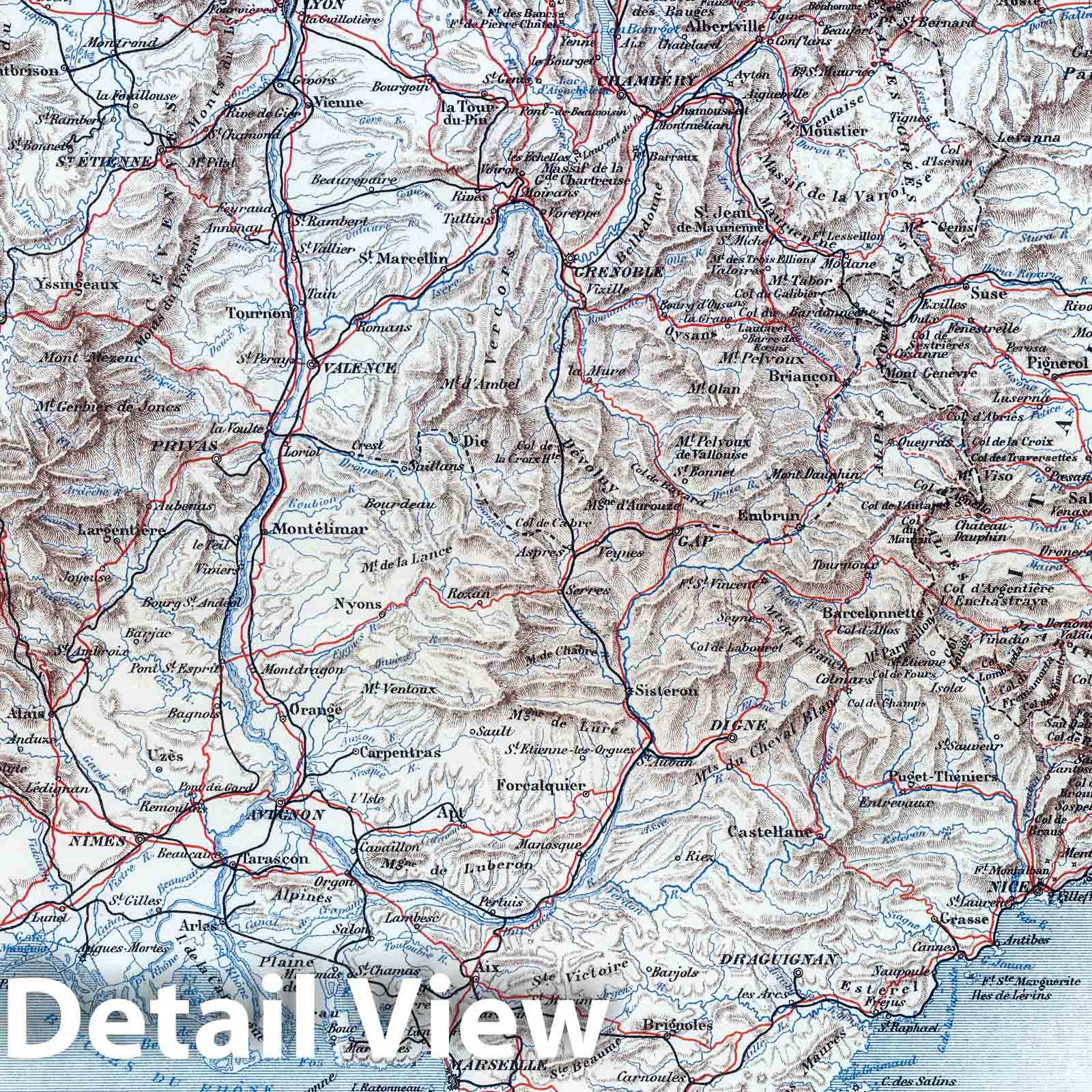Southeastern Border of France - Railroad Map, 1882 - Historical Map Print
