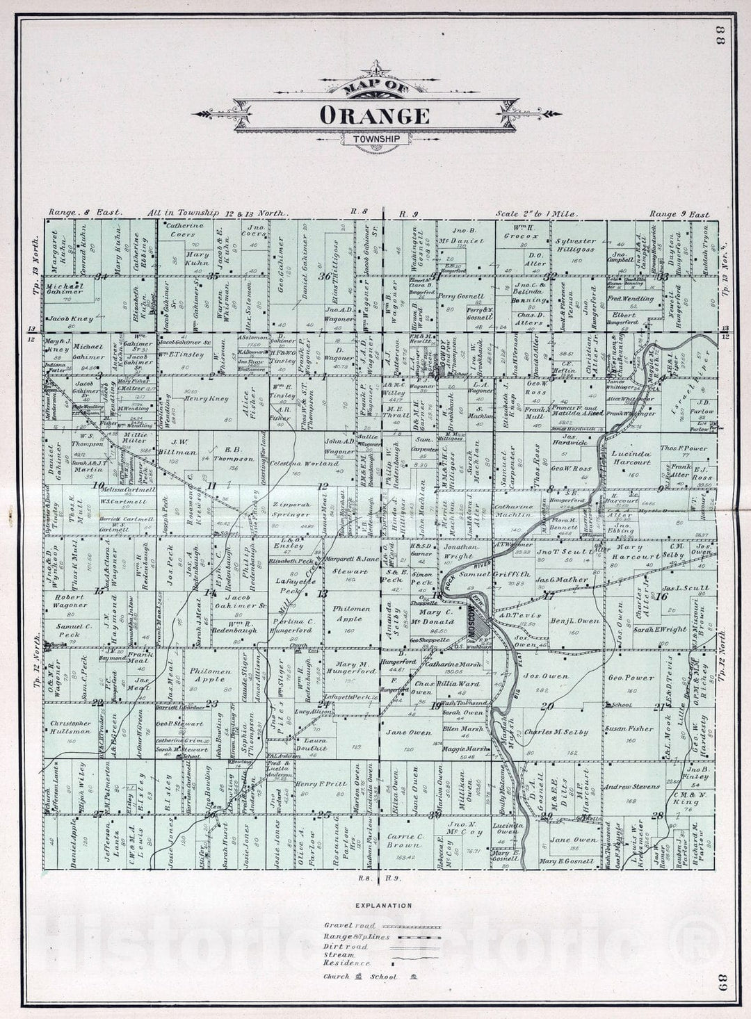 Historic Map : 1908 Orange Township, Rush County, Indiana. - Vintage Wall Art