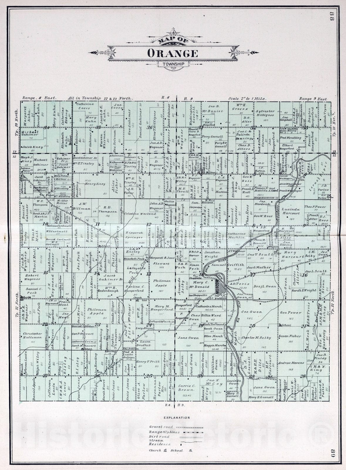 Historic Map : 1908 Orange Township, Rush County, Indiana. - Vintage Wall Art