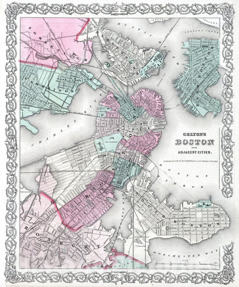 Historic Map : 1869 Boston and Adjacent Cities. - Vintage Wall Art
