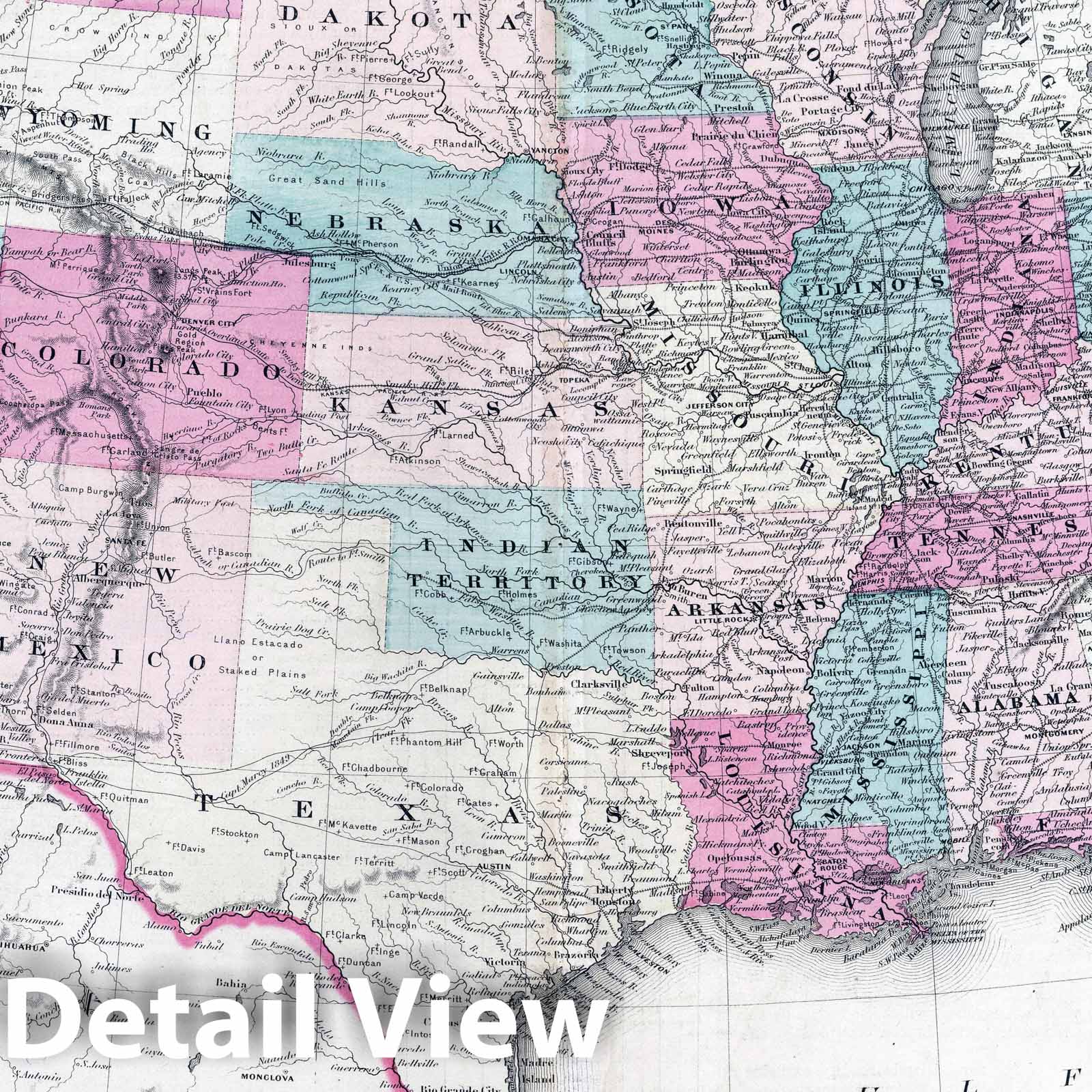 United States - Physical Map, 1870 - Johnson's Family Atlas Print