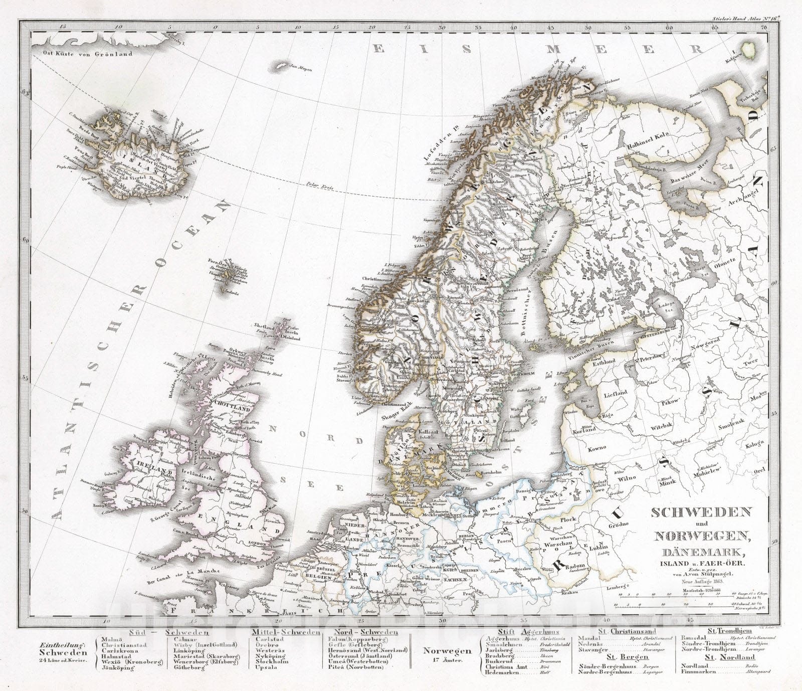 Historic Map : Sweden; Norway; Denmark; Iceland, 1863 Schweden und Norwegen, Daenemark, Island u. Faer-oer. (Sweden, Norway, Denmark, Faroe Island). , Vintage Wall Art