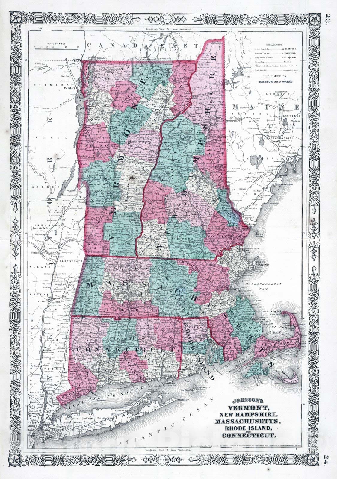 Historic Wall Map : 1864 Vermont, New Hampshire, Massachusetts, Rhode Island, and Connecticut. - Vintage Wall Art