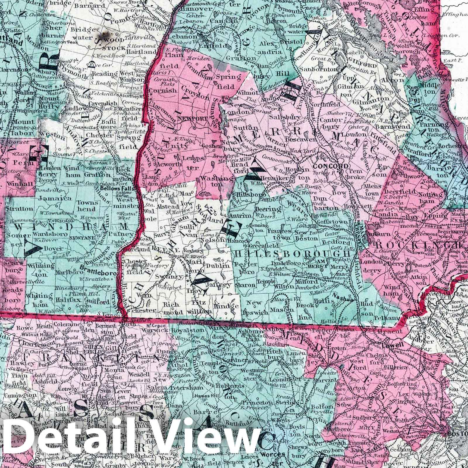 Vermont, New Hampshire, Massachusetts, Rhode Island, and Connecticut - Physical Map, 1864