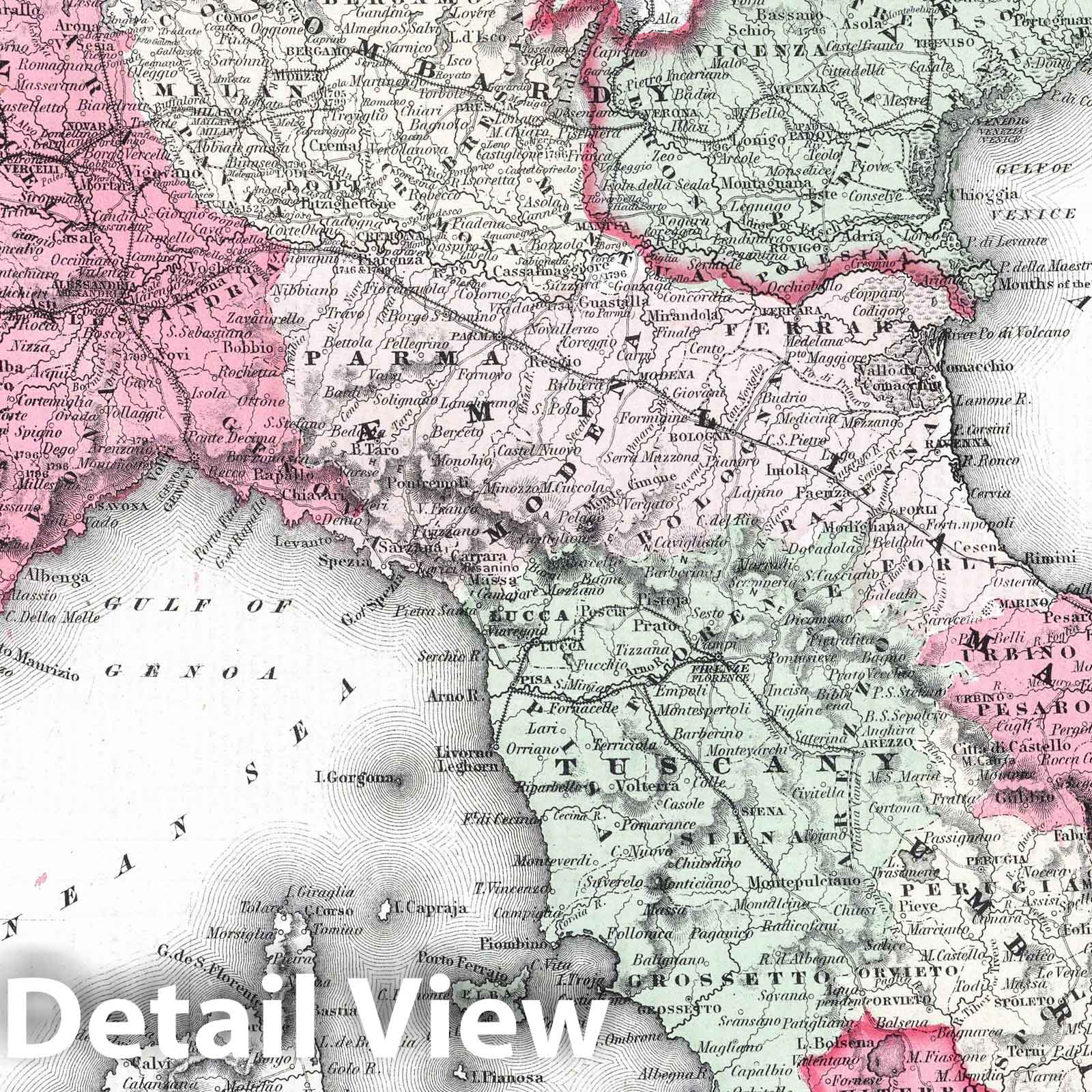 Northern Italy - Austrian, Venice, Piedmont, Tuscany, Umbria, Marches, 1865 Map Print
